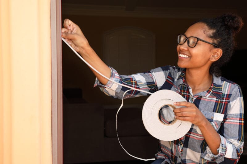 Smiling woman installing weatherstripping cable along a door frame