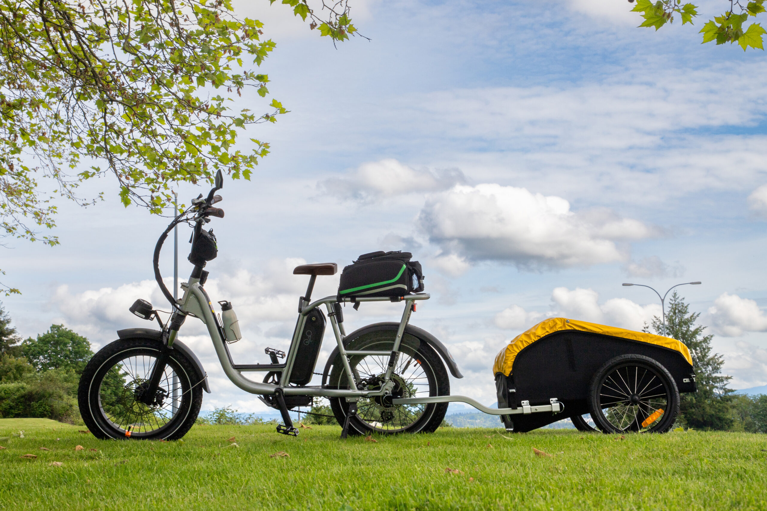 Electric cargo bike with a covered trailer parked on a grassy field