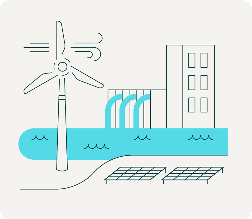 這是一幅展示 WestLight Energy 部分潔淨能源來源的插圖，其中包括風力發電機、水力發電廠及太陽能發電場。