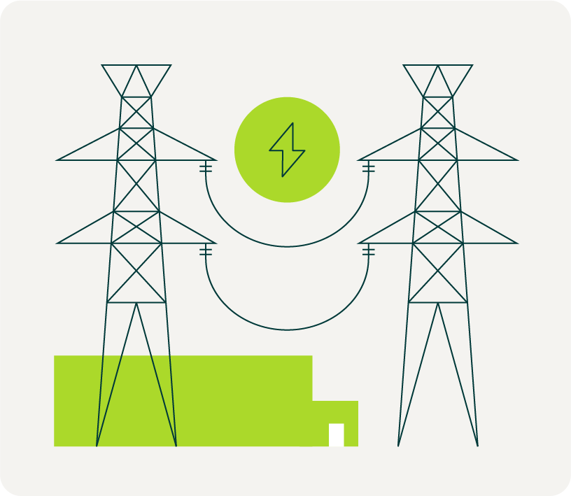 一幅PG&E 電線桿的插圖，電流透過連接這些電線桿的電線傳輸。